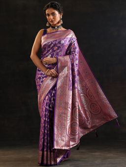 Libas - Purple Floral Woven Design Saree with Unstitched Blouse