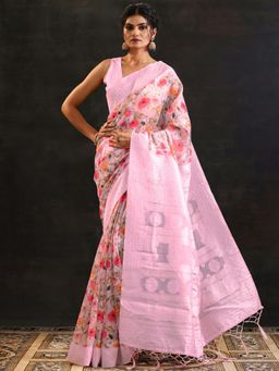 Libas - Pink Floral Printed Saree with Unstitched Blouse
