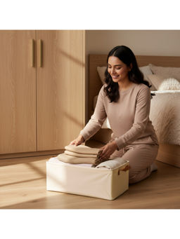 Epicasa - Beige Foldable Fabric Storage Basket with Sturdy Handles