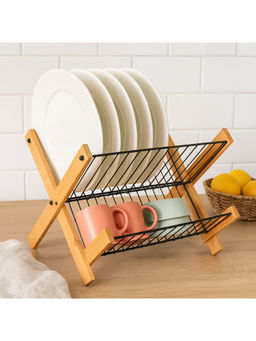 Epicasa - Black 2-Tier Foldable X-Shape Dish Drying Rack with Wooden Frame