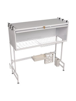 Epicasa - Grey 2-Tier Over Sink Dish Drying Rack Organizer with Sliding Cover Door Cabinet
