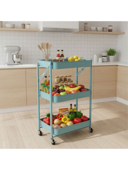 Epicasa - Blue 3-Tier Metal Foldable Storage Trolley with Wheels