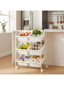 Epicasa - White 3 Tier Double Organizer Storage Trolley with 6 Plastic Bins