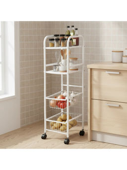 Epicasa - White 4-Tier Multipurpose Metal Storage Rack with 2 Basket & 2 Flat Shelf