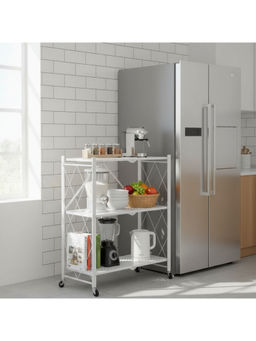 Epicasa - White 3-Tier Folding Collapsible Shelves with Wheels