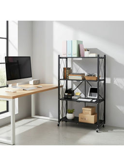 Epicasa - Black 4-Tier Folding Collapsible Shelves with Wheels