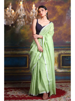 CHARUKRITI - Green Blended Silk Soft Saree with Woven Design and Unstitched Blouse