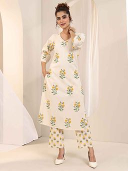 Libas - Off White and Yellow Floral Printed Straight Kurta with Pant (Set of 2)