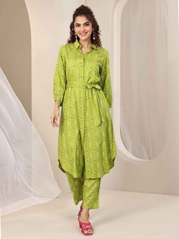 Libas - Green Ethnic Motif Kurta with Printed Pant and Belt (Set of 2)