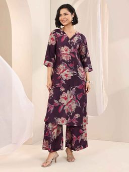 Libas - Purple Floral Printed Kurta with Wide Leg Palazzo (Set of 2)