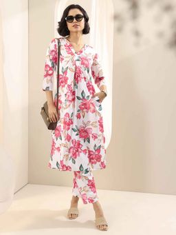 Libas - White Floral Printed Kurta with Pant (Set of 2)
