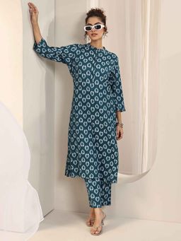 Libas - Teal Abstract Printed Straight Kurta with Pant (Set of 2)