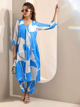 Libas - Blue Abstract Printed Straight Kurta with Pant (Set of 2)