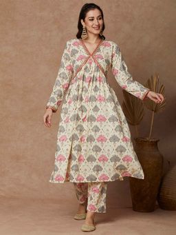 FASHOR - Cream Foil Printed and Embroidered A-Line Kurta with Pant (Set of 2)