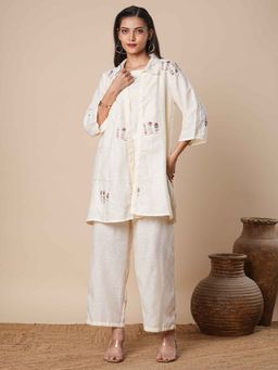 FASHOR - Floral Embroidered A-Line Jacket with Crop Top and Palazzo (Set of 3)