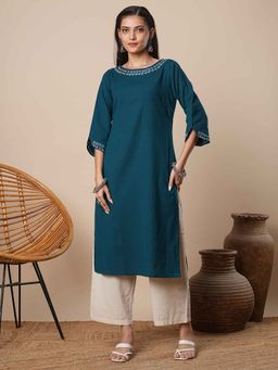 FASHOR - Teal Thread Embroidered Straight Fit Kurta with Palazzo (Set of 2)