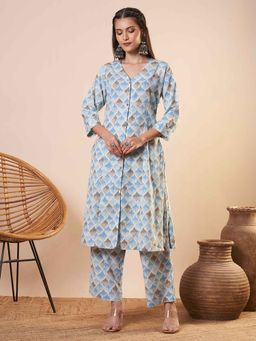 FASHOR - Blue Checks Printed A-Line Panelled Kurta with Pant (Set of 2)