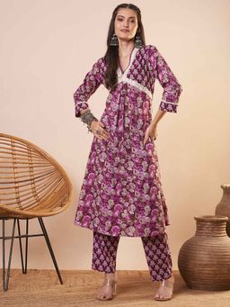FASHOR - Purple Floral Printed A-Line Kurta with Pant (Set of 2)