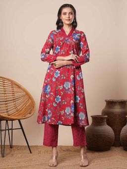 FASHOR - Red Floral Printed A-Line Kurta with Pant (Set of 2)