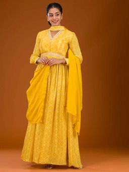 Koskii - Yellow Thread Work Bandhani Crepe Anarkali Kurta with Pant and Dupatta (Set of 3)