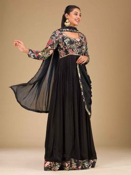 Koskii - Black Floral Printed Crepe Anarkali Kurta with Pant and Dupatta (Set of 3)