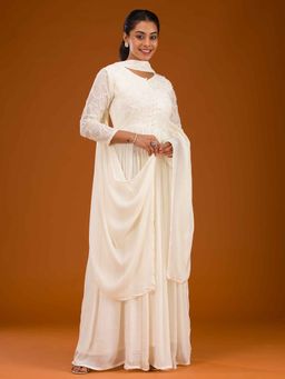 Koskii - Off White Thread Work Crepe Anarkali Kurta with Pant and Dupatta (Set of 3)