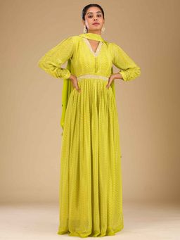 Koskii - Parrot Green Printed Semi Crepe Anarkali Kurta with Pant and Dupatta (Set of 3)