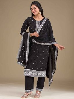 Koskii - Black Thread Work Crepe Kurta with Pant and Dupatta (Set of 3)