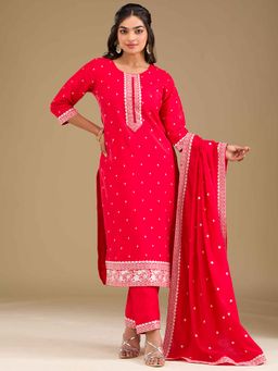 Koskii - Red Thread Work Crepe Kurta with Pant and Dupatta (Set of 3)
