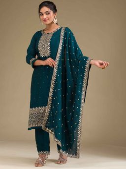 Koskii - Peacock Teal Zari Work Art Silk Kurta with Pant and Dupatta (Set of 3)