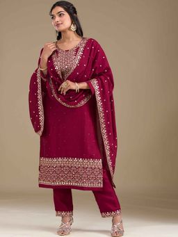 Koskii - Maroon Zari Work Art Silk Kurta with Pant and Dupatta (Set of 3)