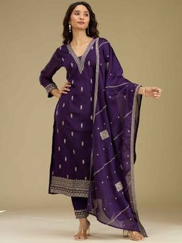 Koskii - Purple Embroidered Zari Work Crepe Kurta with Pant and Dupatta (Set of 3)