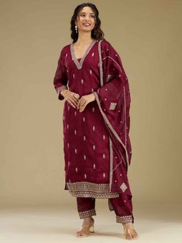 Koskii - Maroon Embroidered Zari Work Crepe Kurta with Pant and Dupatta (Set of 3)