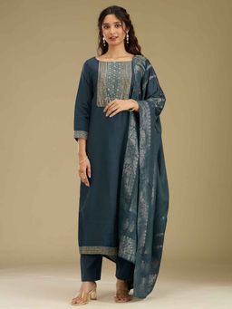 Koskii - Peacock Teal Zari Work Semi Crepe Readymade Salwar Suit (Set of 3)