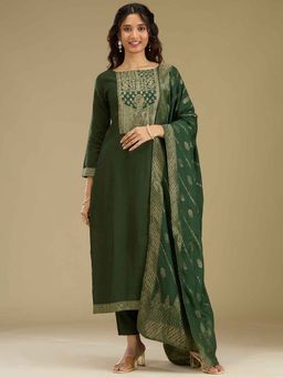 Koskii - Bottle Green Zari Work Semi Crepe Kurta with Pant and Dupatta (Set of 3)
