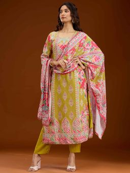 Koskii - Green Stonework Print Crepe Kurta with Pant and Dupatta (Set of 3)