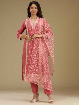 Koskii - Pink Thread Work Crepe Kurta with Pant and Dupatta (Set of 3)