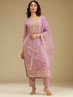 Koskii - Lavender Zari Work Art Silk Kurta with Pant and Dupatta (Set of 3)