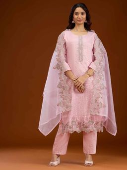 Koskii - Baby Pink Thread Work Crepe Kurta with Pant and Dupatta (Set of 3)