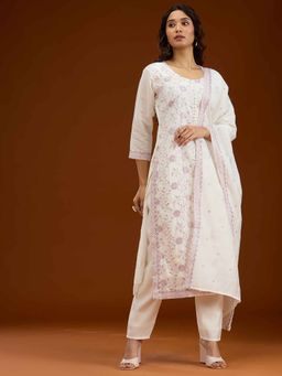 Koskii - Cream and Purple Thread Work Crepe Kurta with Pant and Dupatta (Set of 3)
