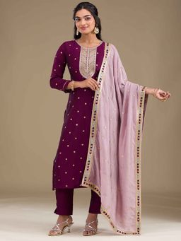 Koskii - Wine Embroidered Zari Work Art Silk Kurta with Pant and Dupatta (Set of 3)
