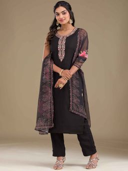 Koskii - Black Thread Work Art Silk Kurta with Pant and Dupatta (Set of 3)