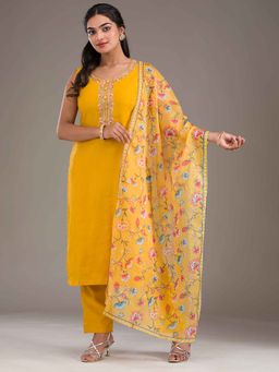 Koskii - Mustard Thread Work Art Silk Kurta with Pant and Dupatta (Set of 3)