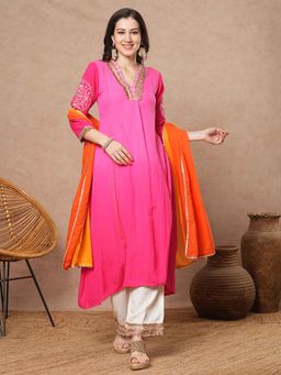 FASHOR - Pink Ombre Embroidered A-Line Kurta with Palazzo and Dupatta (Set of 3)