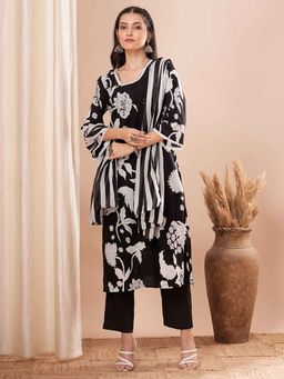 FASHOR - Black Floral Printed Straight Fit Kurta with Pant and Dupatta (Set of 3)