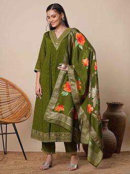 FASHOR - Green Embroidered and Printed Anarkali Kurta with Pant and Dupatta (Set of 3)