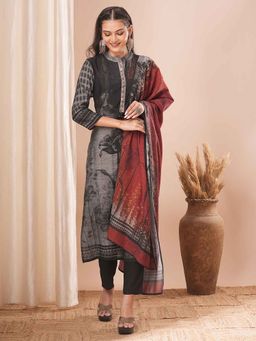 FASHOR - Black Floral Printed Straight Kurta with Pant and Dupatta (Set of 3)