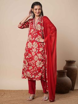 FASHOR - Red Floral Printed A-Line Kurta with Pant and Dupatta (Set of 3)