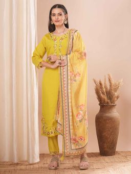 FASHOR - Yellow Floral Embroidered Kurta with Pant and Dupatta (Set of 3)