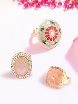 Zaveri Pearls - Set of 3 Multi-Color Stones and Beads Ethnic Finger Rings-ZPFK15400